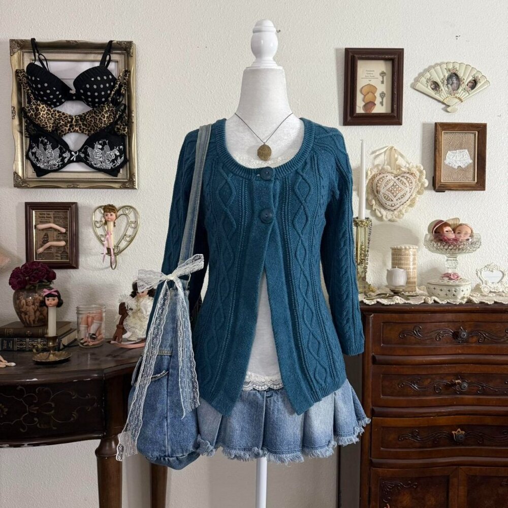 girly grunge twee cozy blue knit open front babydoll cardigan w cropped sleeves